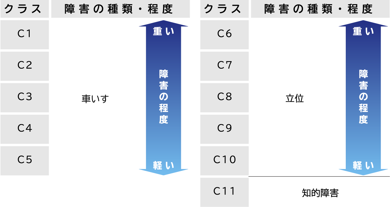 クラス C1 C2 C3 C4 C5 障害の種類・程度 車椅子 重い 軽い クラス C6 C7 C8 C9 C10 障害の種類・程度 立位 C11 知的障害 重い 軽い