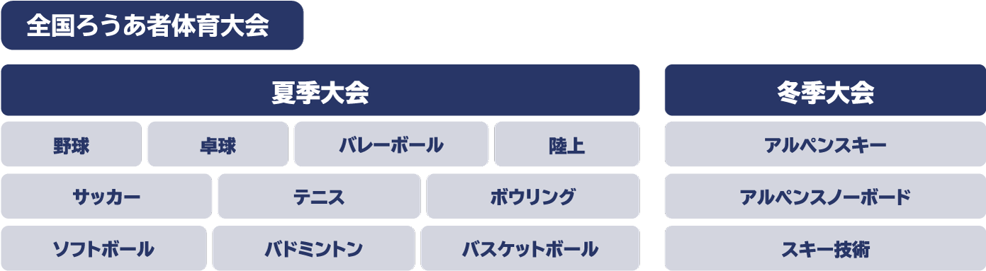 全国ろうあ者体育大会 夏季大会 野球 卓球 バレーボール 陸上 サッカー テニス ボウリング ソフトボール バドミントン バスケットボール 冬季大会 アルペンスキー アルペンスノーボード スキー技術